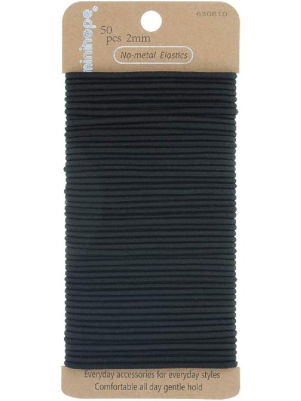 50 Count No-Metal Girls Elastic Hair Ties - Soft Black 2mm Women's Hair Elastics